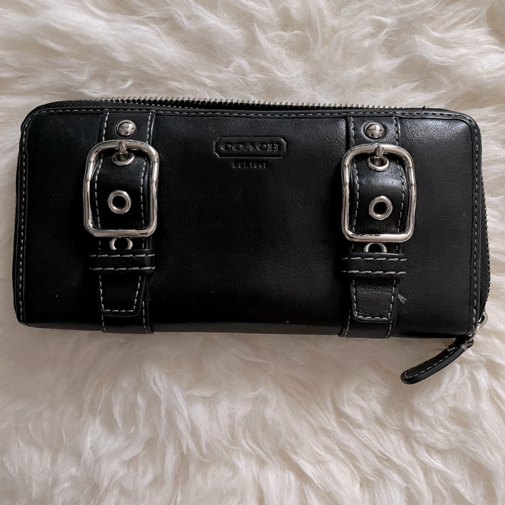 Coach zip-around leather wallet black plum purple with silver hardware buckles